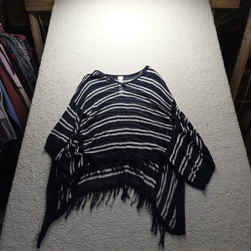 Zenergy By Chico's Blouse Womens S/M Blue Scoop Neck Dolman Stripe Fringe Top